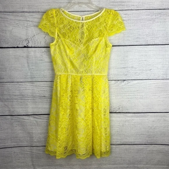 Abs Allen Schwartz Yellow Spring Summer Lace Garden Party Dress Size 2 - Picture 2 of 10